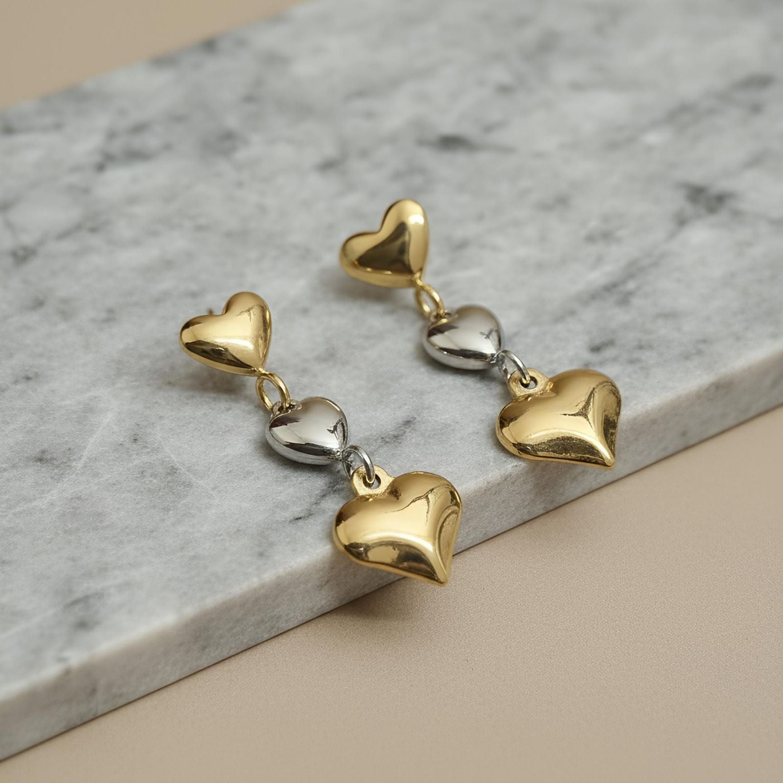 Anti-Tarnish Double Heart Drop Earrings